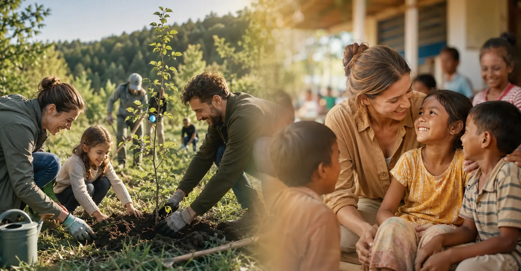 Illustration af træplantning og socialt ansvar med fokus på natur, børn og støtte som SOS-fadder