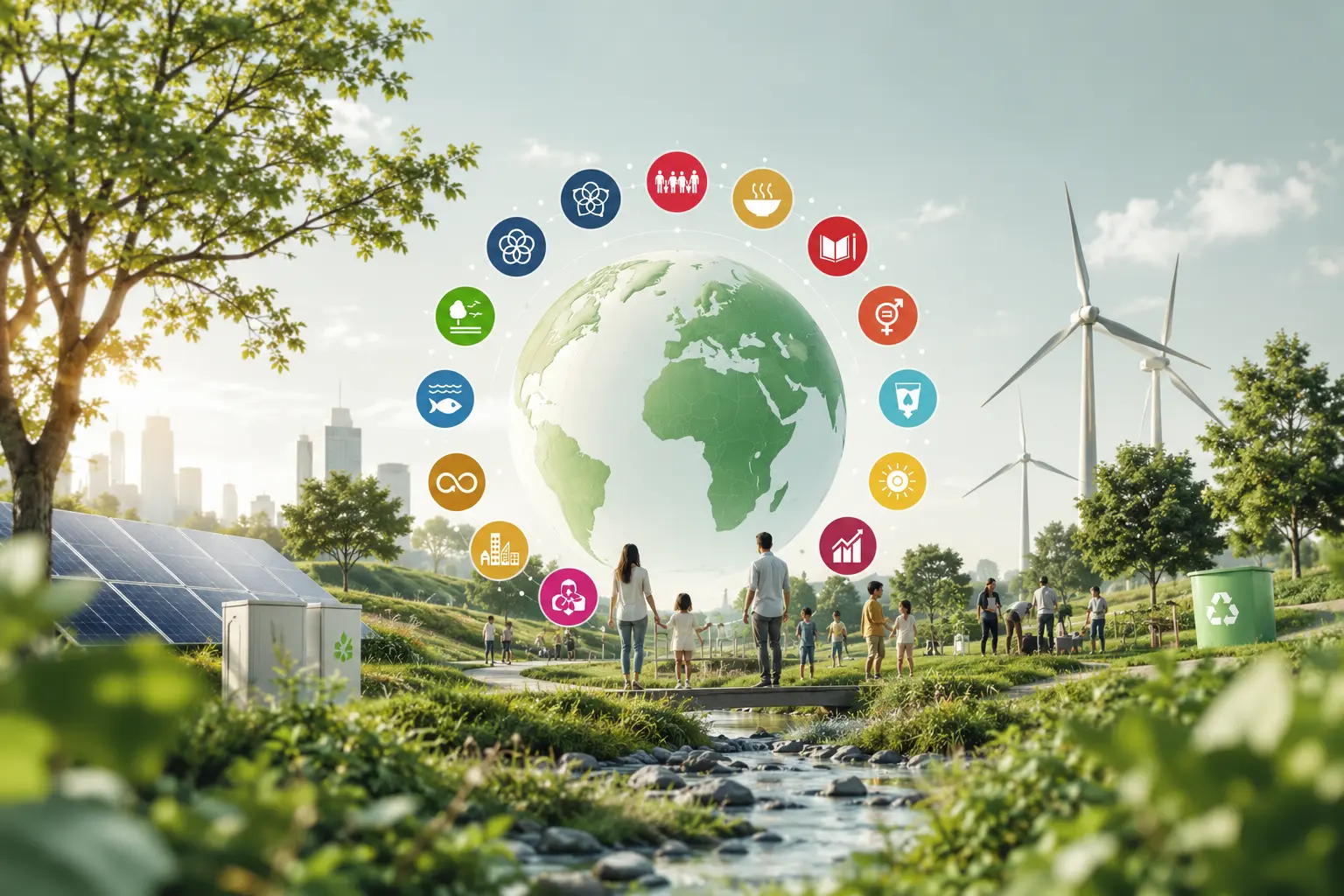 Illustration af FN’s verdensmål med fokus på bæredygtighed, grøn energi, klima, natur og socialt ansvar